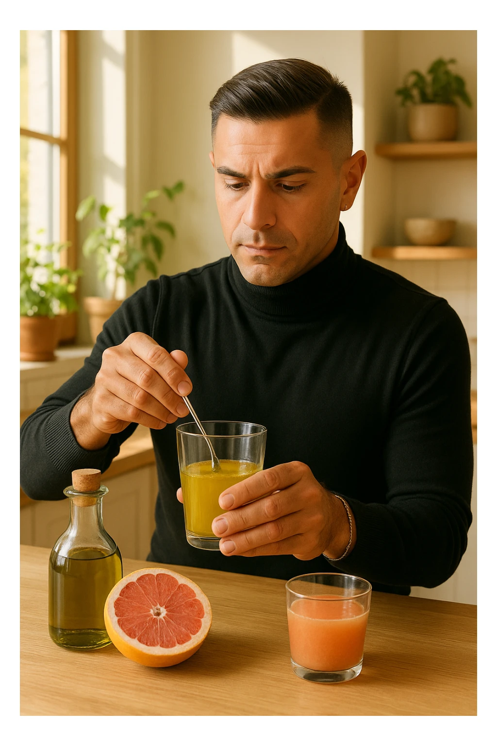 A realistic, warm-toned photo-style image of a man in his kitchen preparing a liver and gallbladder flush. On the counter, there is a small glass bottle of high-quality extra virgin olive oil with a rich green hue, and a freshly cut pink grapefruit with a small glass of its juice next to it. The man, in his mid-30s, looks focused and slightly apprehensive as he mixes the olive oil and grapefruit juice in a clear glass, preparing to drink it as part of a natural gallbladder cleanse. The background is clean, bright, and minimalist with wooden countertops, green plants, and sunlight coming through the window, giving a sense of natural health practices. The mood conveys a realistic moment of alternative health care, illustrating the preparation and intention for a natural flush to address gallstones, while maintaining a calm, educational, and hopeful tone in italiano sticker