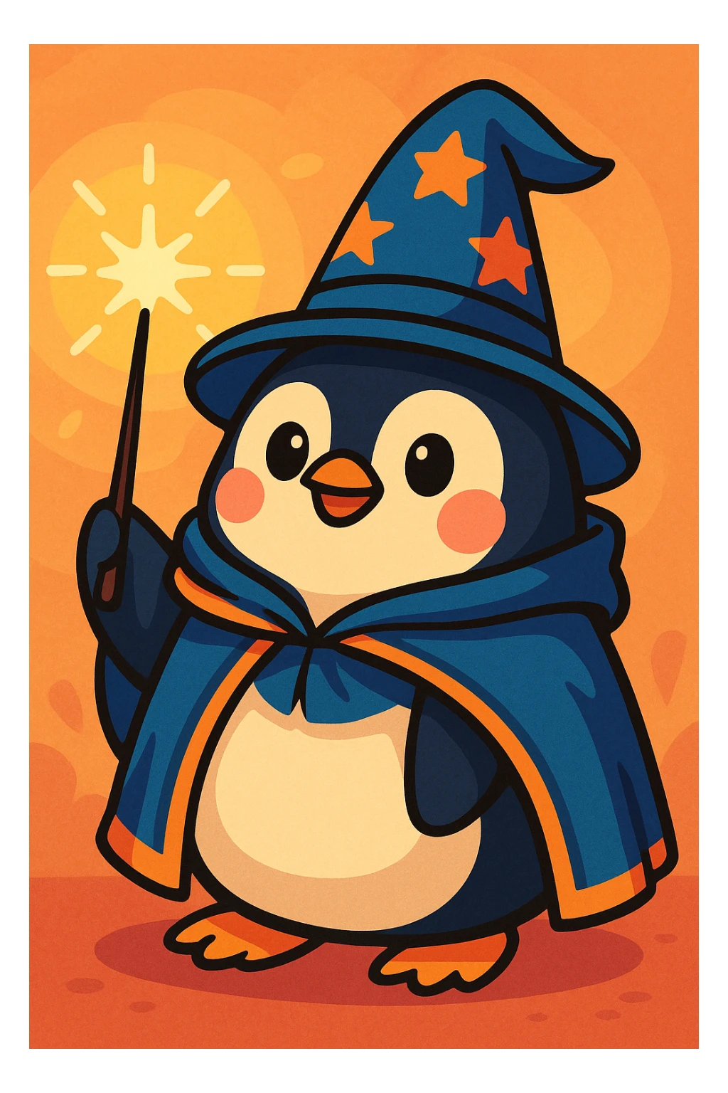 a chubby penguin with a wizard hat and cloak, holding a glowing wand, in a soft, rounded style, colorful cartoon sticker