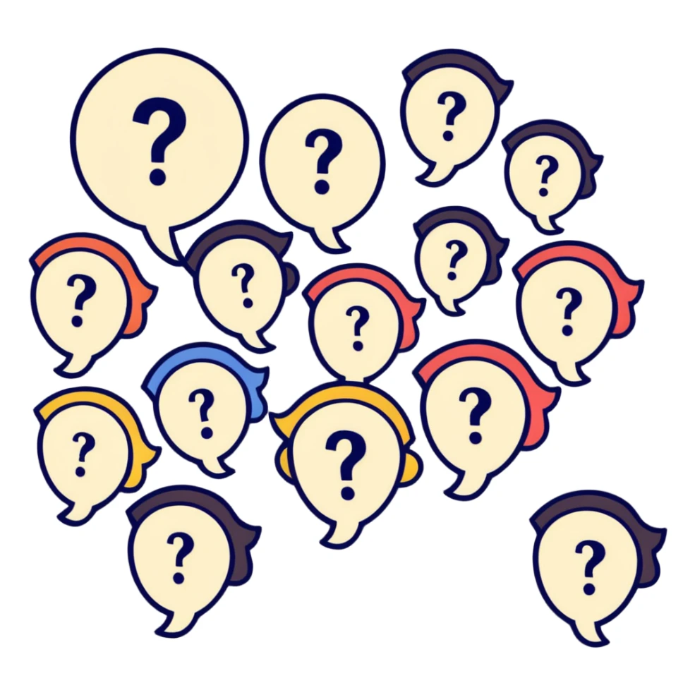 Team of people with bewildered expressions and question marks around them sticker