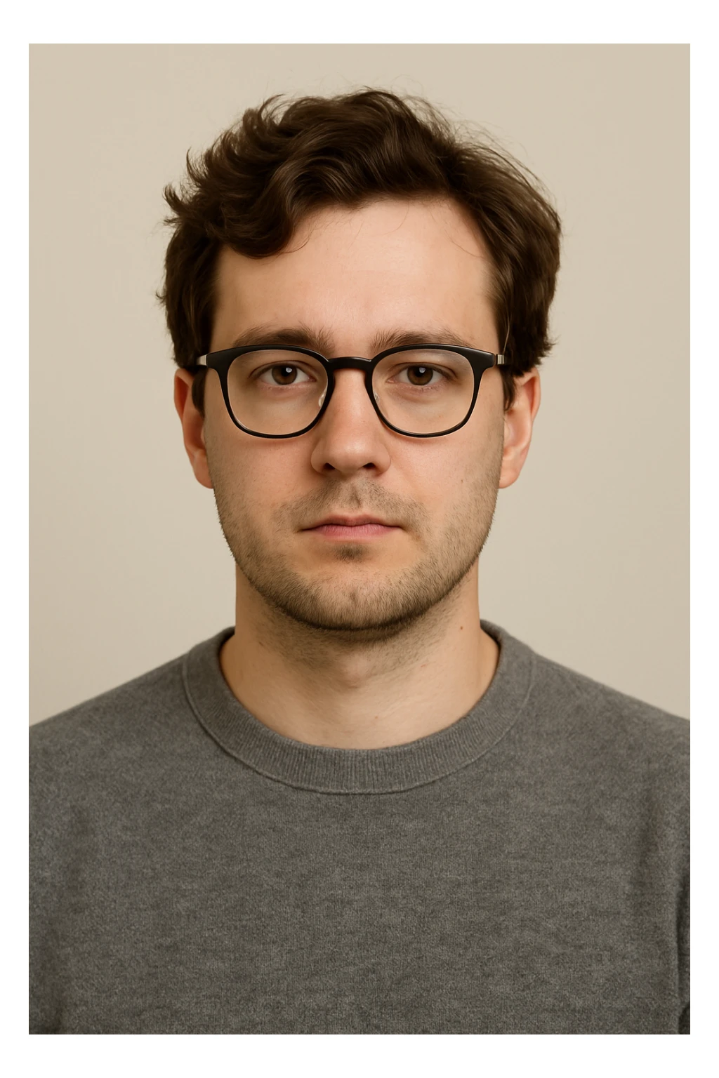 white male with glasses and brown wavy hair, neutral expression, simple background sticker
