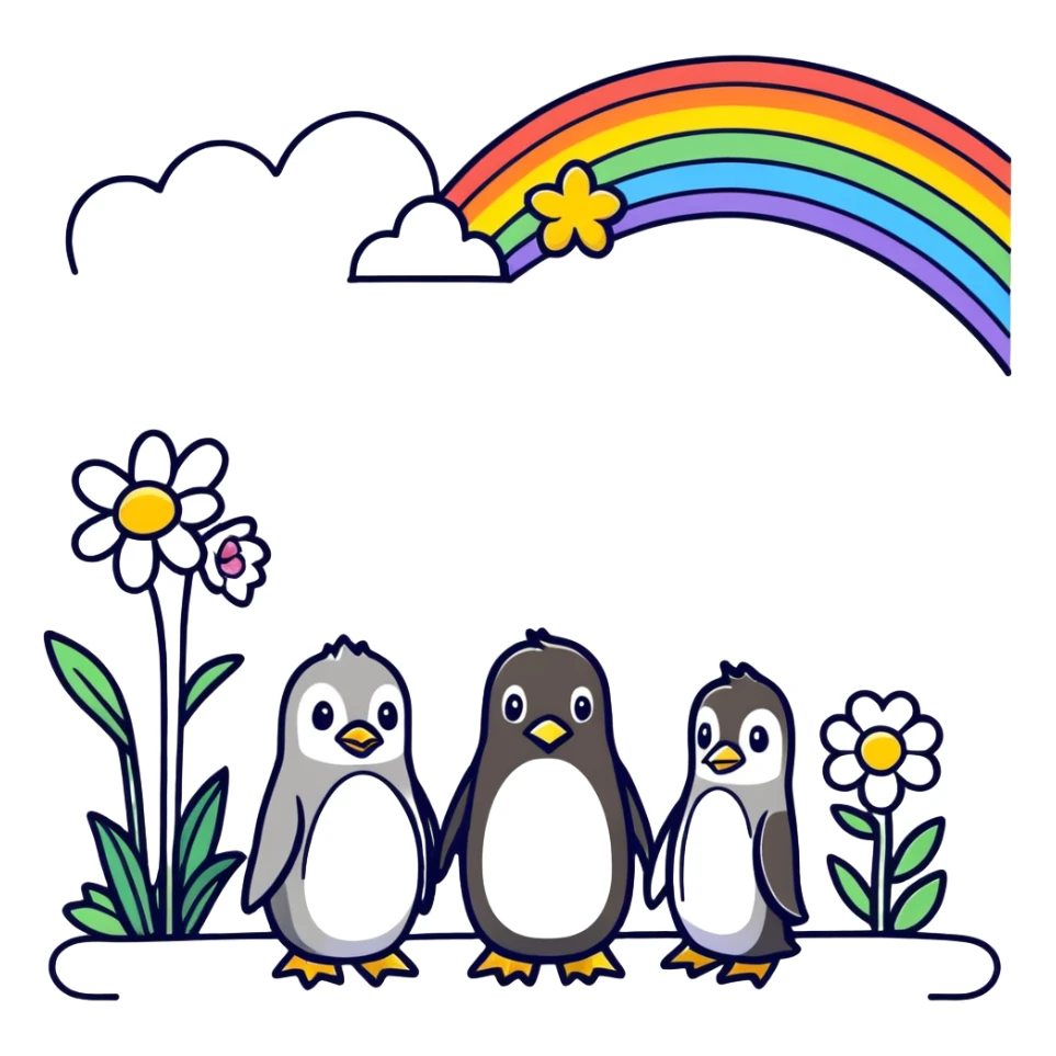 A rainbow pencil with flowers and penguins sticker