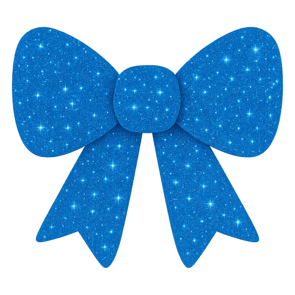 Make the decorative bow blue and covered in glitter, shiny and vibrant, no background. The style should highlight the shiny and vibrant glitter texture with a bright blue color, keeping the bow decorative and eye-catching. sticker