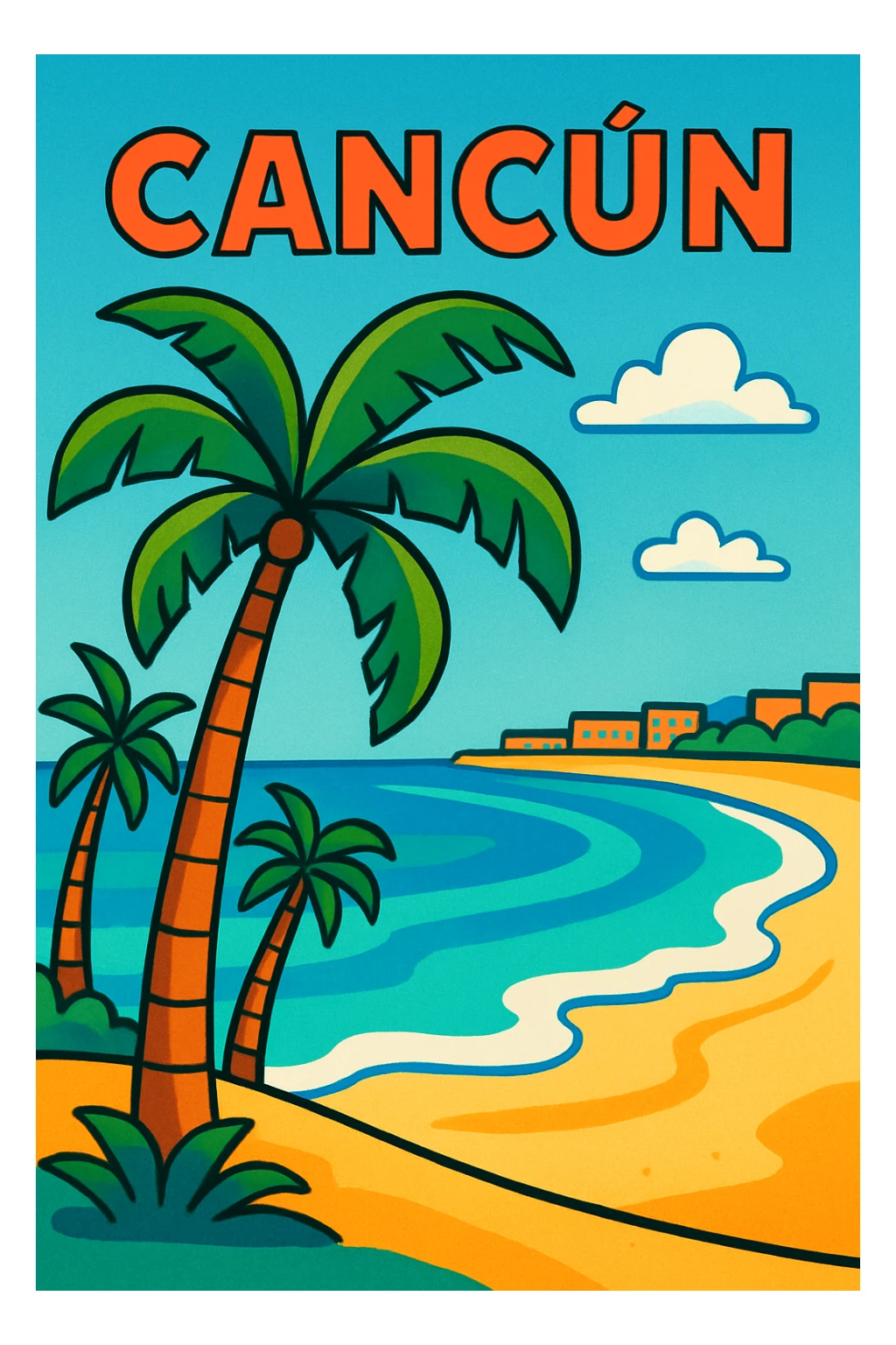 Cancun beach scene with palm trees, turquoise water, white sand, vibrant and inviting sticker