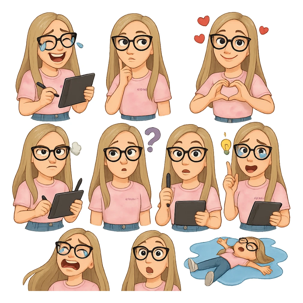 «Создай набор из 10 наклеек в стиле 3D cartoon  женского персонажа (30 лет выглядит моложе)  с прямыми светло русыми волосами ниже лопаток, светлой кожей, большими выразительными голубыми глазами, черные очки для зрения формы кошачий глаз, нос чуть с горбинкой.
Персонаж должен носить пастельную розово-бежевую тай дай футболку с вышивкой @ByUnicorn, голубые джинсы фасона мом, персонаж должен иметь разные выражения: смех до слез, задумчивость, влюбленность (с сердцами вокруг головы), улыбка и создает сердце руками, злость с паром из носа, растерянность (со знаком вопроса), наличие идеи (с зажженной лампочкой), плач со слезами из глаз, удивление с открытым ртом, лежит на спине раскинула руки и ноги в стороны в луже слез. Размер картинки не ограниченный, чтобы все наклейки вместились без обрезки. Стиль мультяшный  DreamWorks, мягкий свет, прозрачный фон, и добавь персонажу в руки графический планшет следи чтобы выглядело органично, красиво, не нарушая законы природы и физики, можешь добавить в другую руку перо от графического планшета, если это будет позволять смысл стикера» sticker