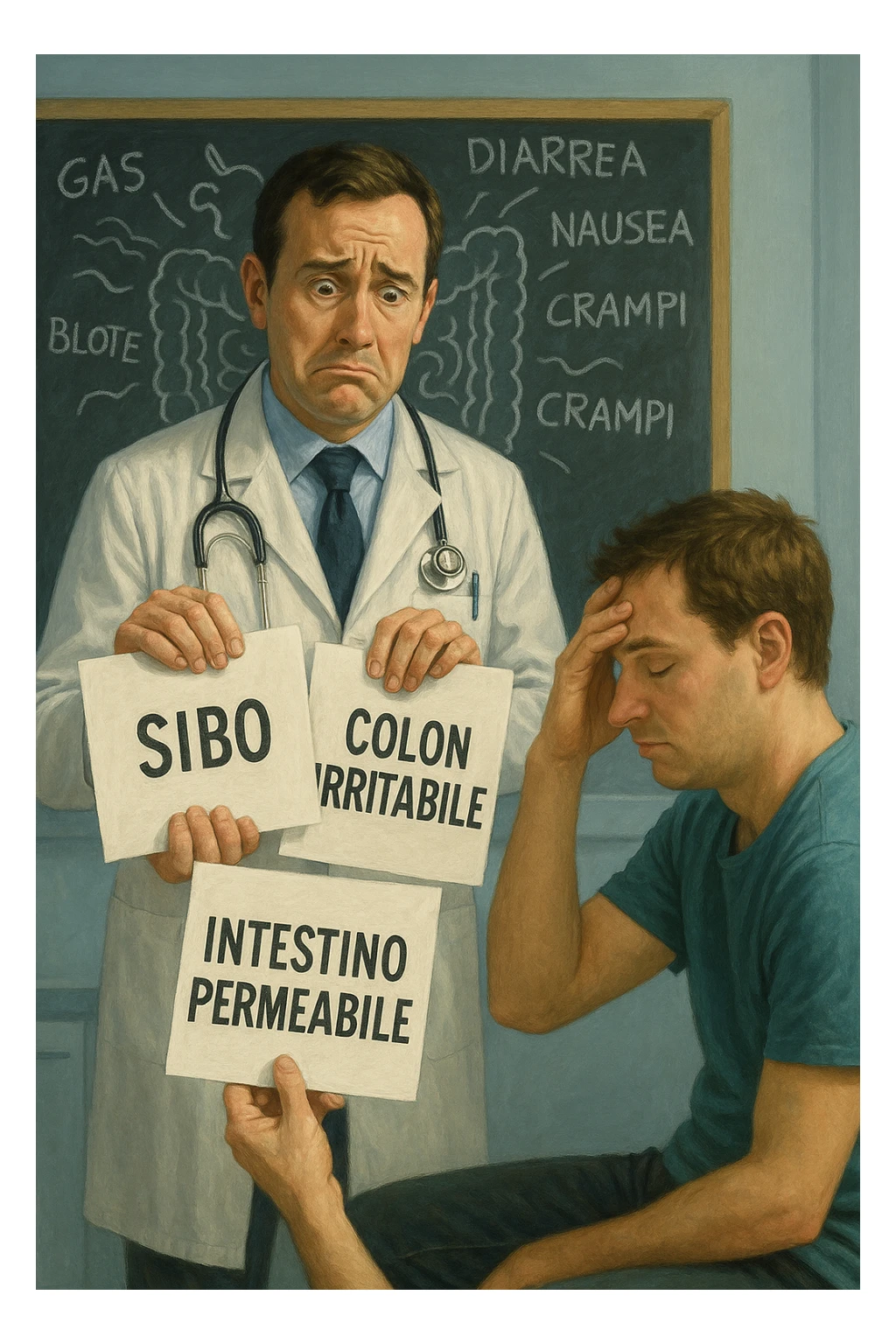 Scena clinica con un medico confuso in camice bianco davanti a un paziente seduto. Il medico ha tre fogli in mano, e li mostra uno alla volta con espressione incerta: il primo dice 'SIBO', il secondo 'Colon Irritabile', il terzo 'Intestino Permeabile'. Il paziente ha un’espressione confusa e scoraggiata, con una mano sulla fronte. Sullo sfondo una lavagna caotica con disegni di intestino e sintomi ovunque. Stile realistico con tocchi ironici, toni freddi da ambulatorio ma con un messaggio visivo forte di incertezza diagnostica. in italiano sticker