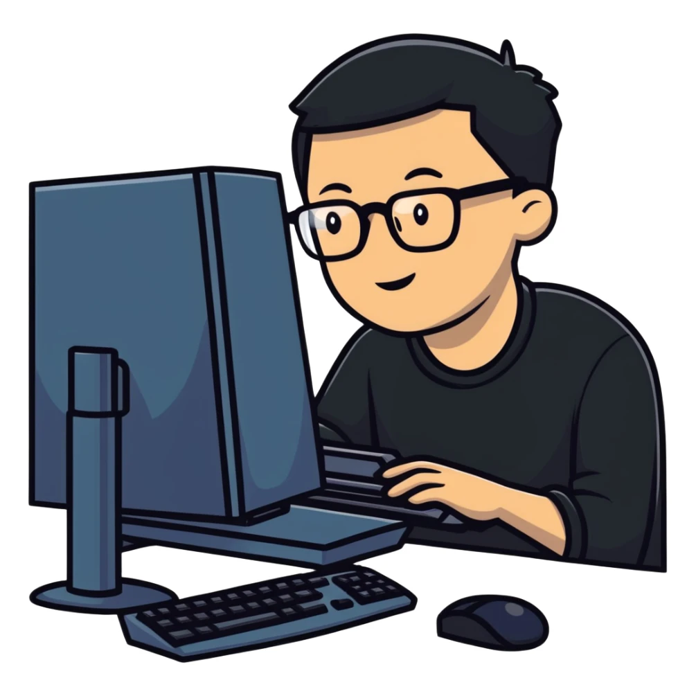 Young man with glasses using an outdated desktop computer with bulky monitor sticker