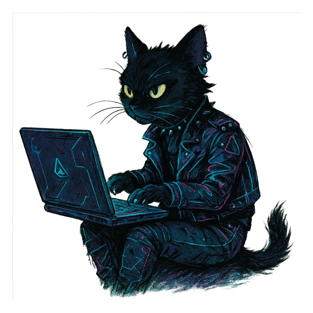  [[[it's a black cat typing at a laptop]]], , punk gothic style, futuristic cyberwave cyberpunk, sitting position
 sticker
