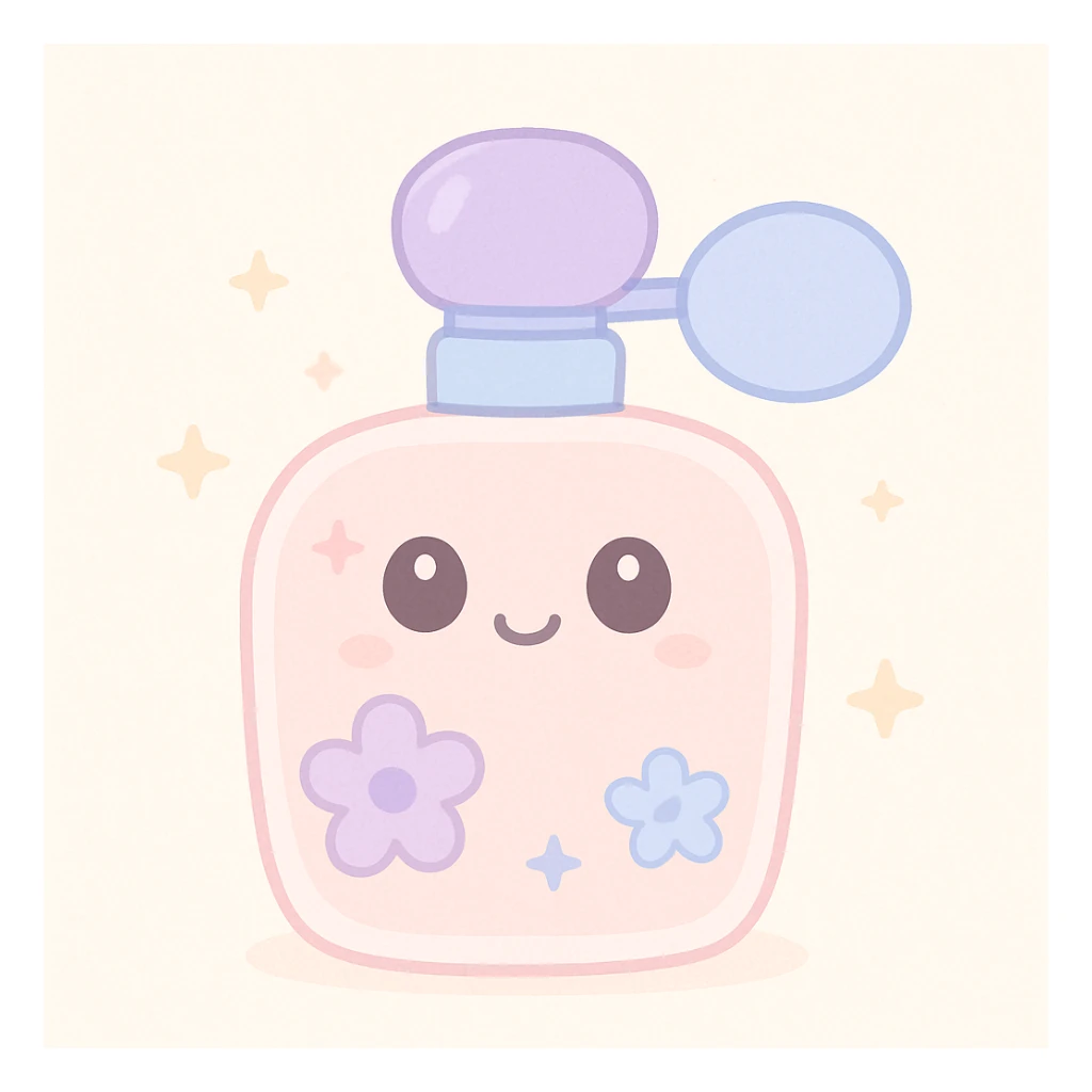 a lovely perfume bottle with a feminine, elegant design, soft pastel colors, delicate details, and a subtle floral motif, evoking a sense of charm and grace, suitable for a girl sticker