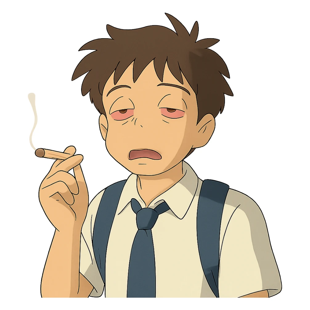 ghibli style of a student with a dazed expression and a joint, no background sticker