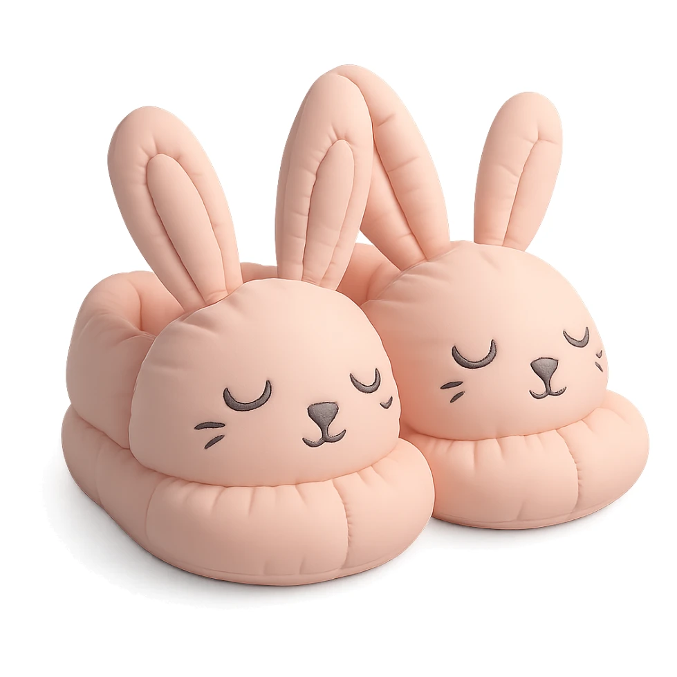 pair of bunny slippers with floppy ears and embroidered eyes, cozy and rounded, pastel palette, cushion style sticker