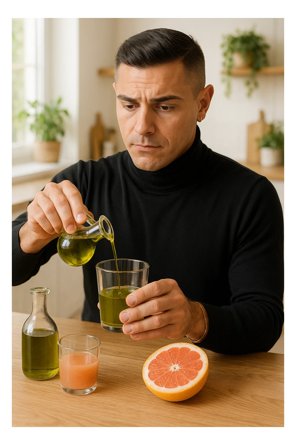 A realistic, warm-toned photo-style image of a man in his kitchen preparing a liver and gallbladder flush. On the counter, there is a small glass bottle of high-quality extra virgin olive oil with a rich green hue, and a freshly cut pink grapefruit with a small glass of its juice next to it. The man, in his mid-30s, looks focused and slightly apprehensive as he mixes the olive oil and grapefruit juice in a clear glass, preparing to drink it as part of a natural gallbladder cleanse. The background is clean, bright, and minimalist with wooden countertops, green plants, and sunlight coming through the window, giving a sense of natural health practices. The mood conveys a realistic moment of alternative health care, illustrating the preparation and intention for a natural flush to address gallstones, while maintaining a calm, educational, and hopeful tone sticker