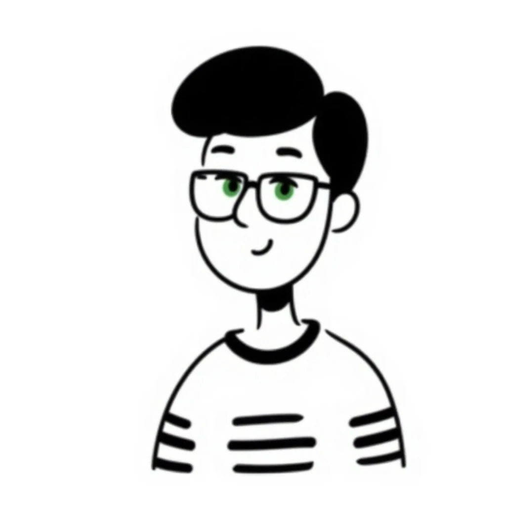 woman with a short pixie haircut, green eyes, glasses, and a short sleeve shirt, hand-drawn doodle style sticker
