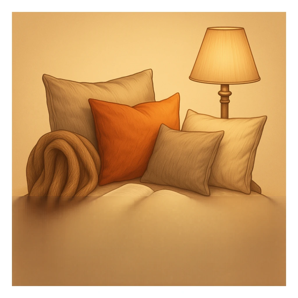 Remove any shadow from the image. Keep the cozy reading nook with pillows and a lamp, warm and inviting atmosphere. Maintain transparent background. sticker