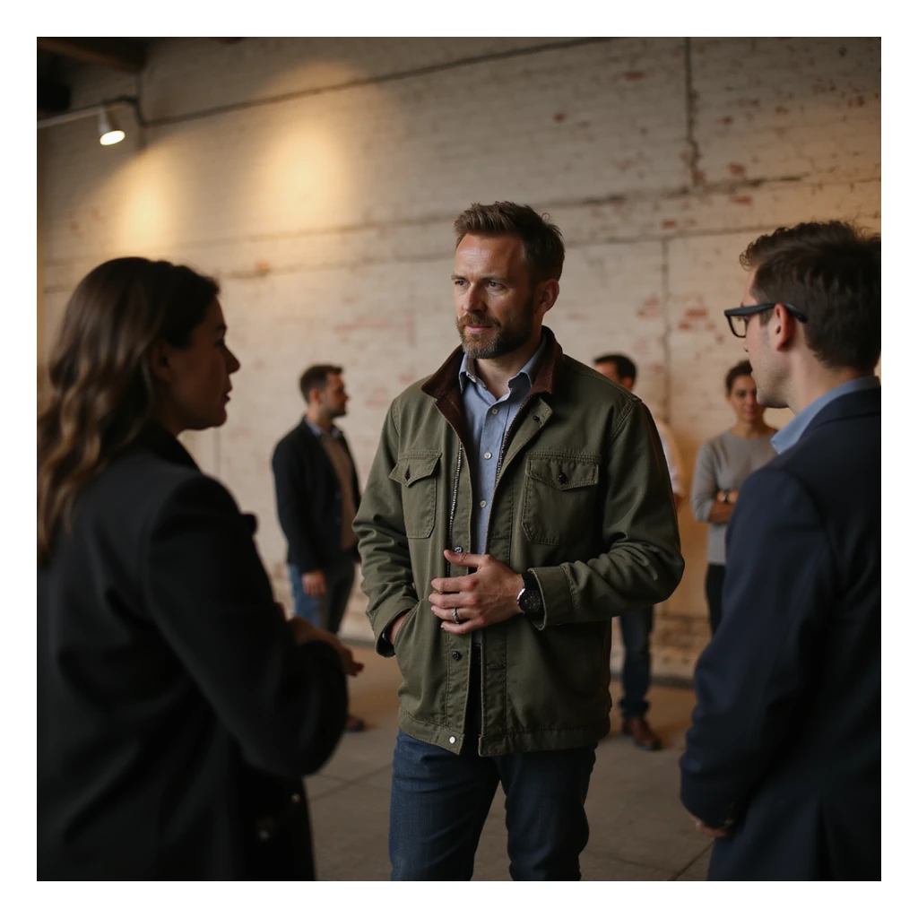 a person standing talking to a group sticker