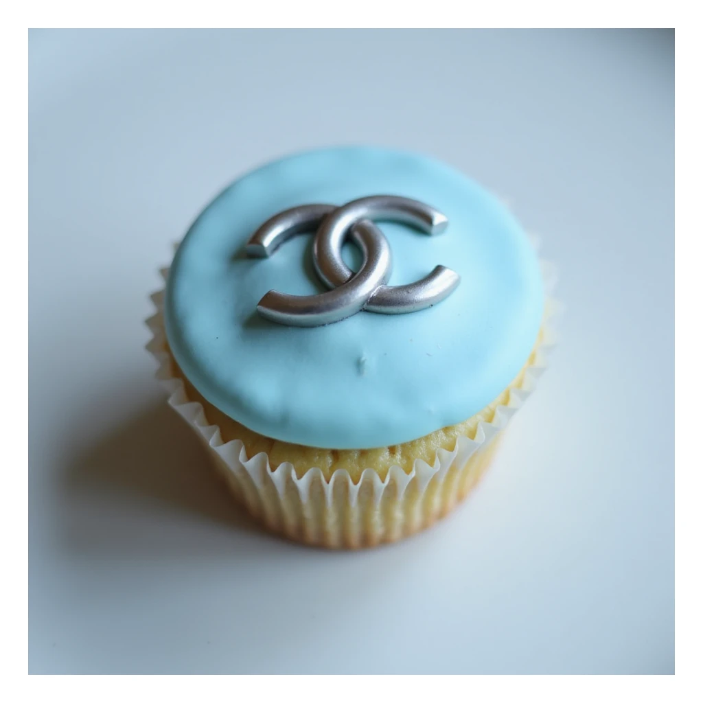 photorealistic pastel blue Chanel cupcake with a silver logo, no background sticker