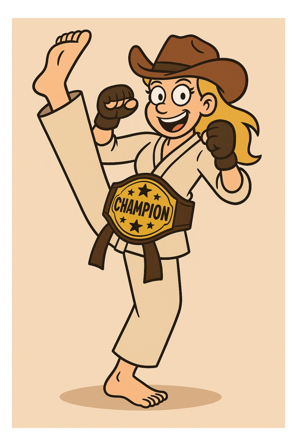 Add a large, shiny championship belt around her waist, making it prominent and detailed, in the same flat toon style. sticker
