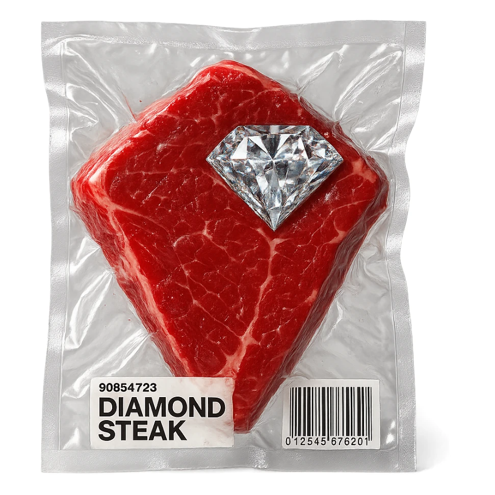 meat steak with sparkling diamond facets, glossy and puffy sticker