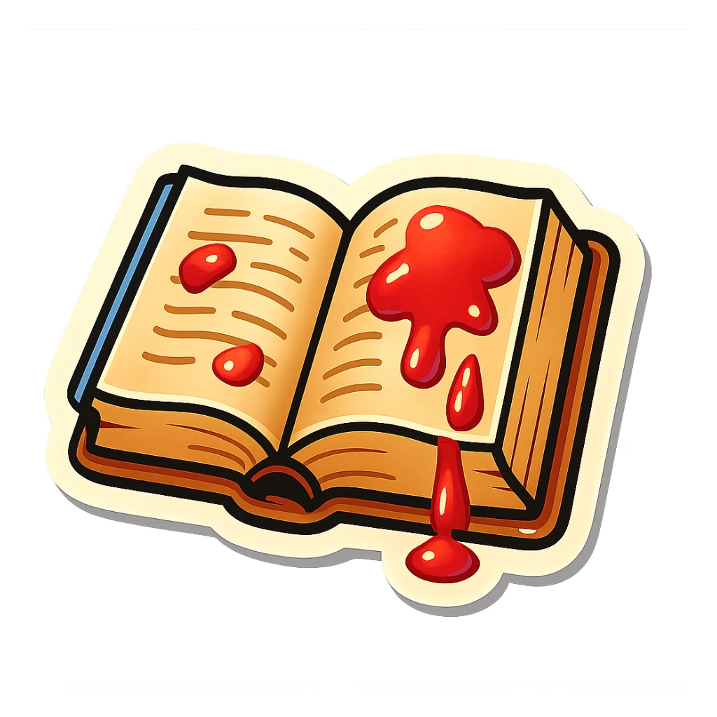 open old book with blood on pages, sharp black outlines, no gradients, clear shadows and highlights, retro stickers style sticker