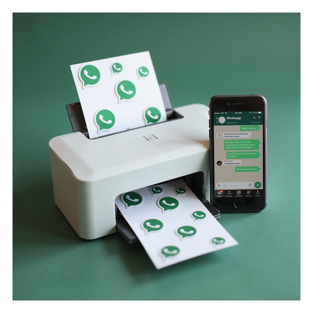 realistic thumbnail for a WhatsApp print out service, showing a printer with multiple sheets of paper covered in WhatsApp chat bubbles, and a smartphone displaying a WhatsApp conversation sticker
