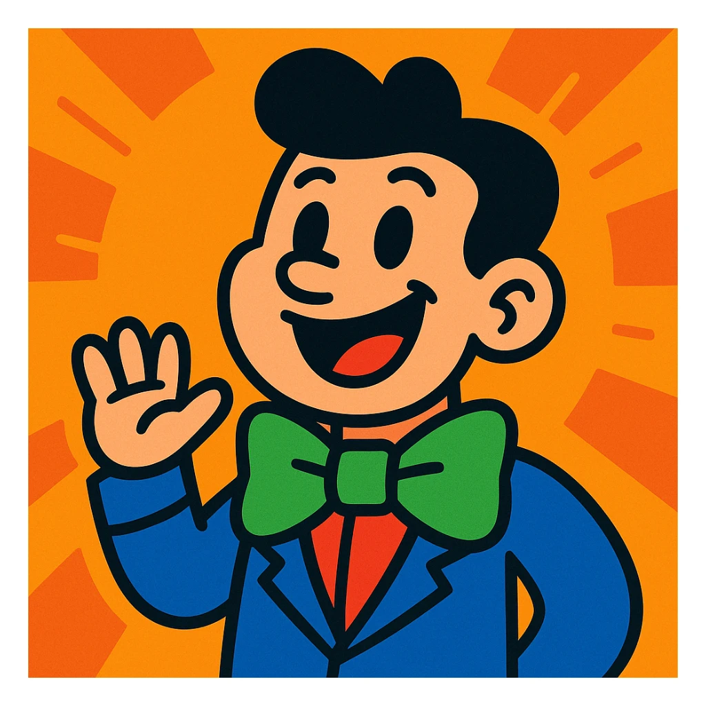 person with a prominent green bowtie, playful cartoon style sticker