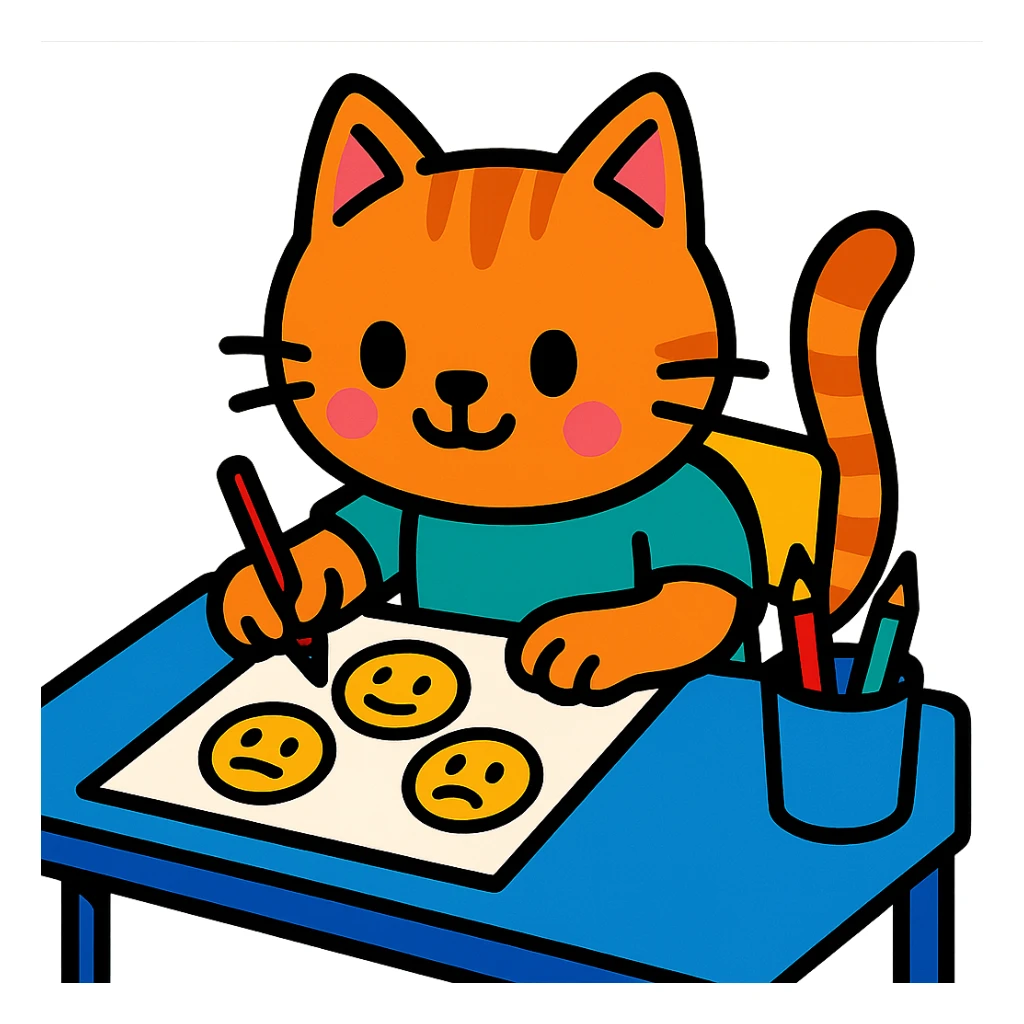 cute cartoon kitty sitting at a desk, drawing emoji faces sticker