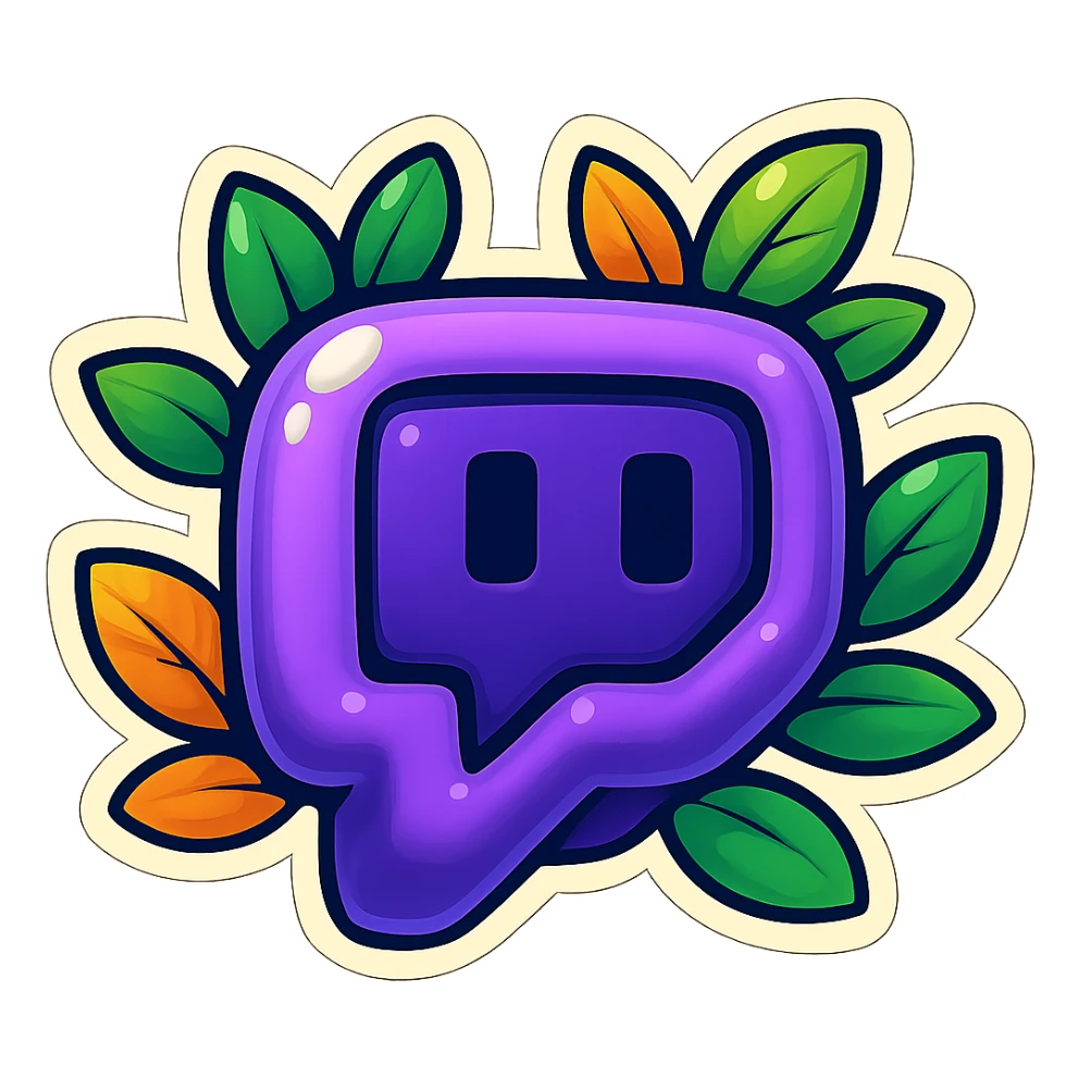 Make the Twitch logo even more rounded and plump, with a soft, puffy, cartoon look. Keep the bold outline, expressive shadows, glossy highlights, and bright leaves around the logo. No sharp corners, no background. Match the reference style but emphasize extra roundness and puffiness. sticker