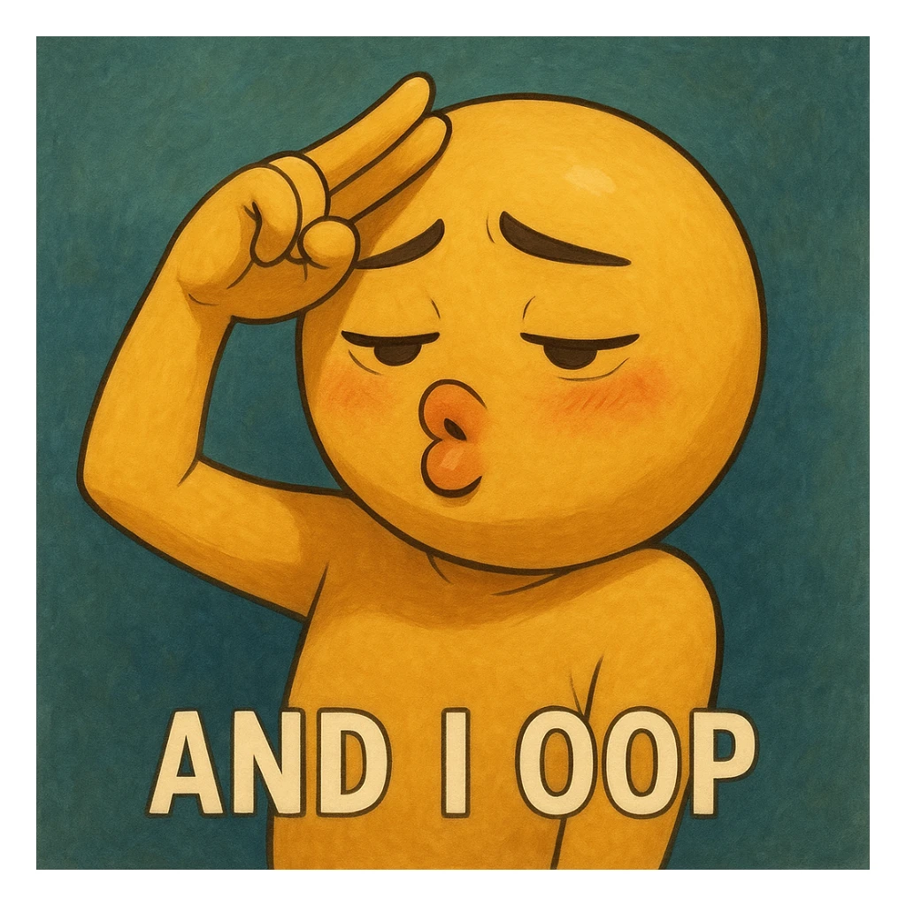 and I oop, slay energy, emoji with fingers to forehead like salute, "and i oop" meme, puckering lips, looking down, lowkey embarassed but still cool sticker