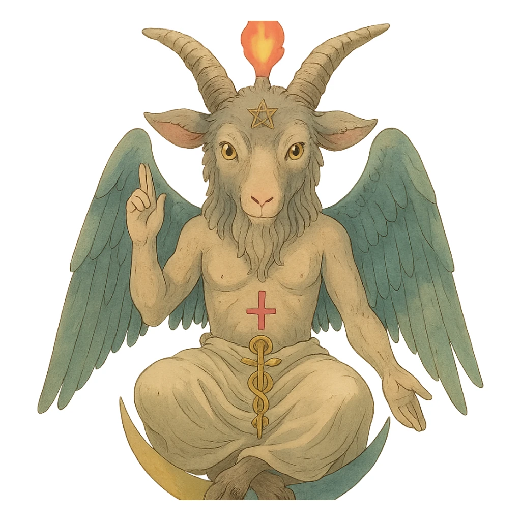 baphomet, mystical goat-headed figure, original depiction by Eliphas Levi, ghibli style sticker
