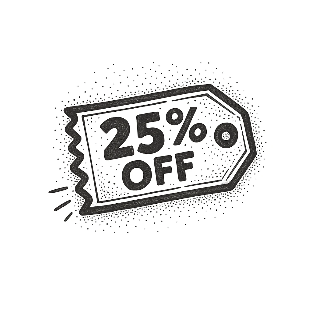 25% off discount ticket, doodle style, more detailed sticker