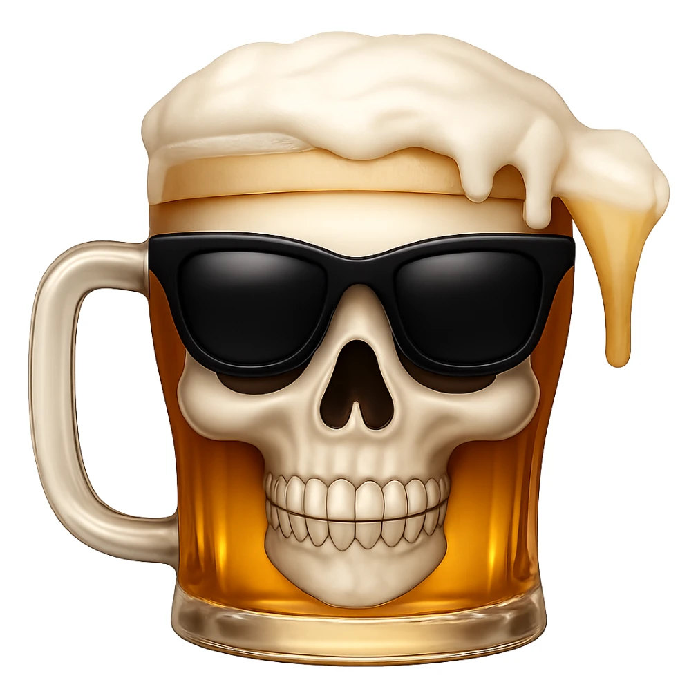 Add black sunglasses to the skull drinking beer. The original style is emoji style, but since emoji style does not support editing, please keep the look consistent with emoji style while adding the sunglasses and removing the background. sticker