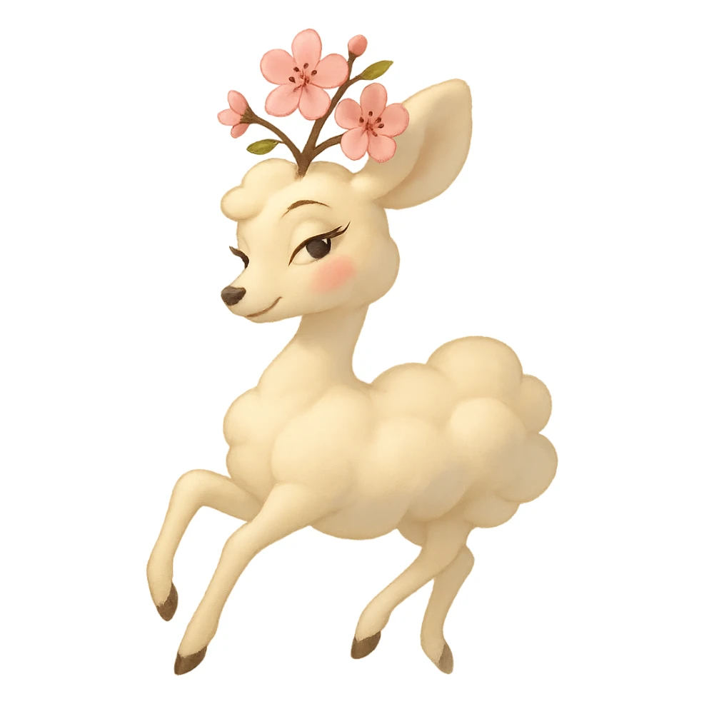 Pixar style graceful feminine vanilla cloud doe with rosy cheeks and cherry blossom head, floating elegantly, confident charming subtly alluring brand mascot for social media sticker