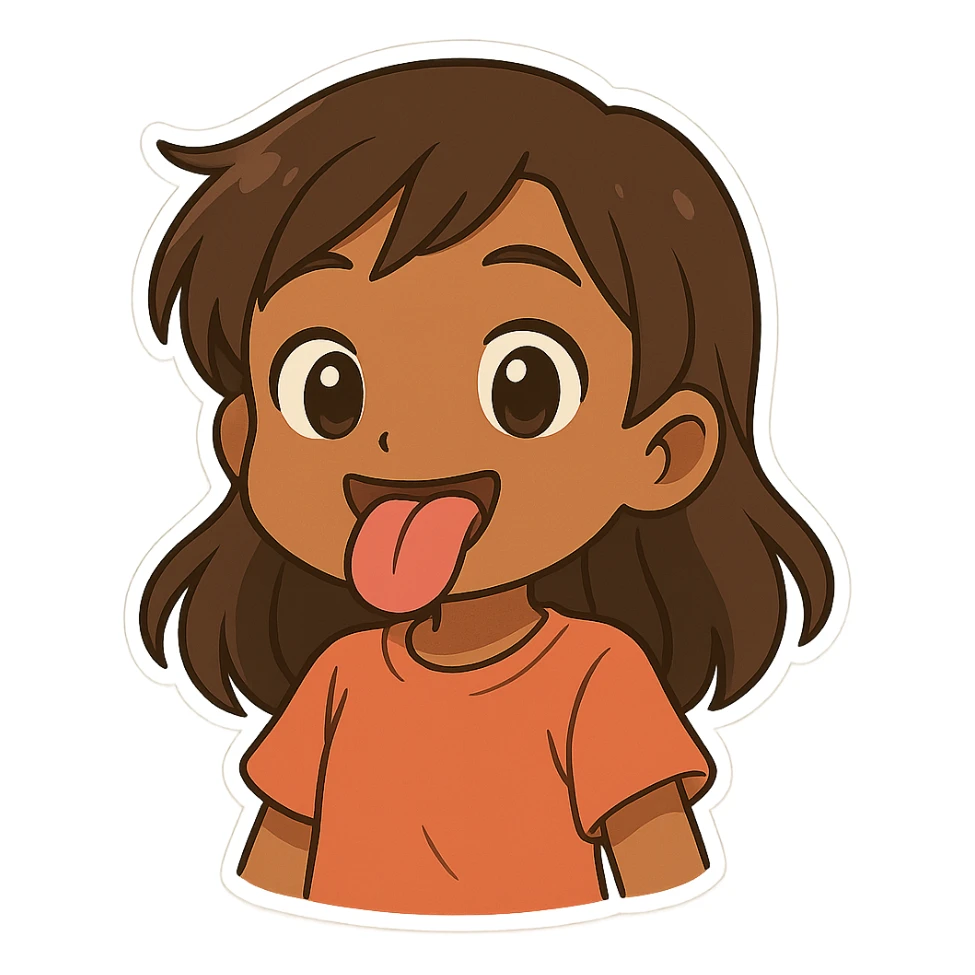 Make this a caramel-skinned girl sticking out her tongue, keep the original chibi stickers style, with no background. sticker