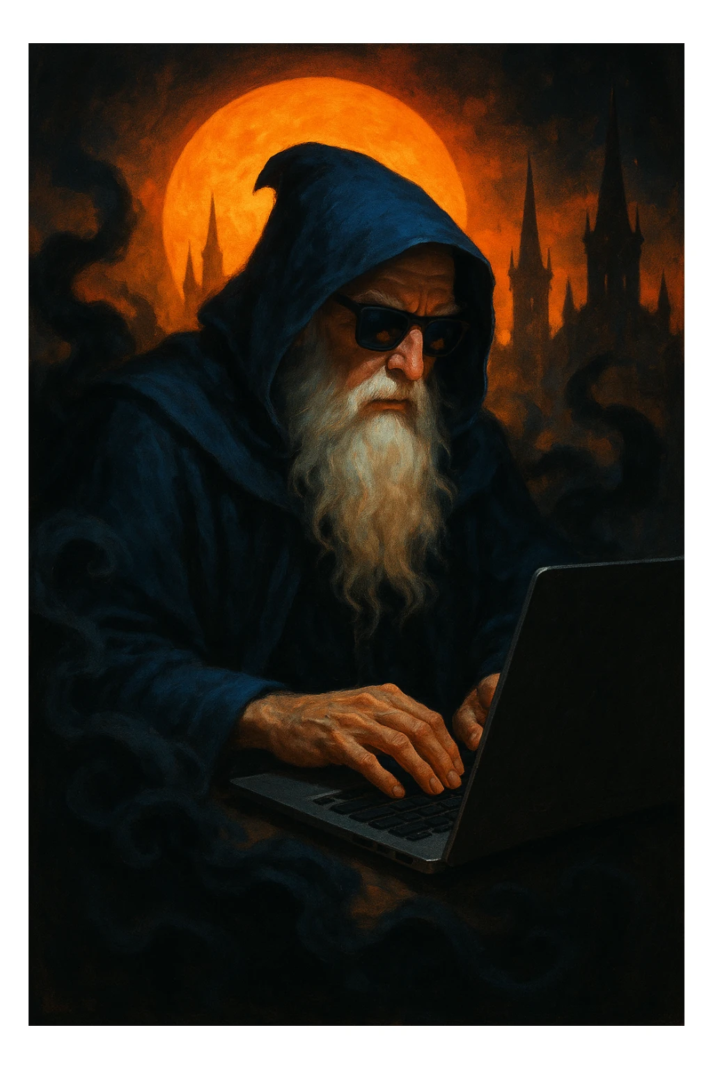 A powerful wizard, white beard and blue hooded cloak, wearing sunglasses, using a laptop. Surrounded by dark smoke, with a glowing orange sun or moon and gothic spires silhouetted in the background. Rich color contrast: warm orange/yellow sky, deep blue/black shadows. sticker