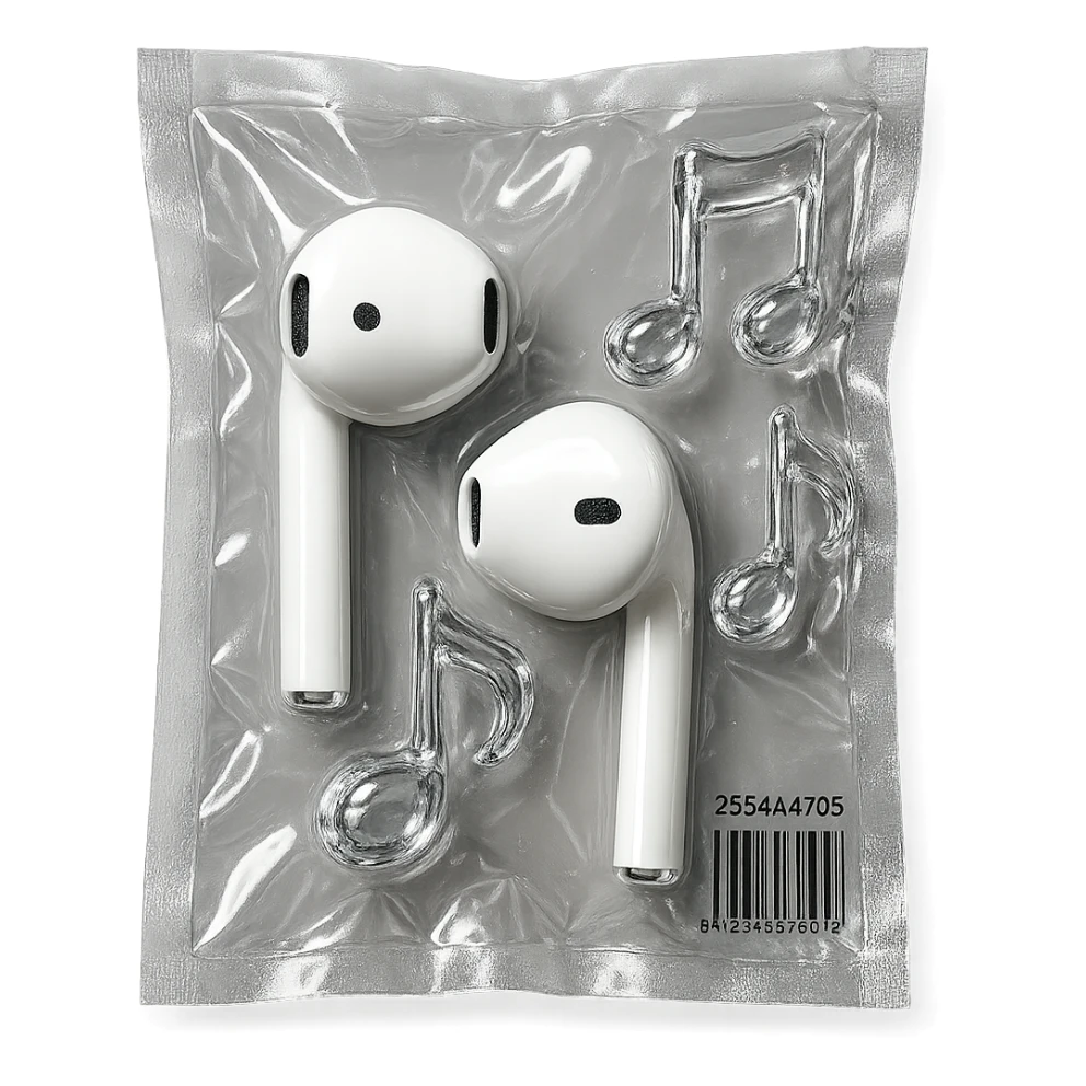 pair of white EarPods with three floating glass music notes in transparent crystal style, shiny and puffy sticker
