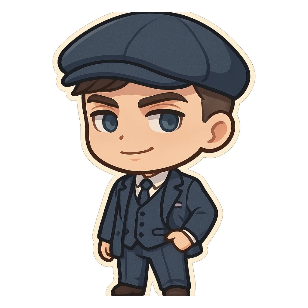 cartoon style Thomas Shelby from Peaky Blinders, blue suit, flat cap, confident expression sticker