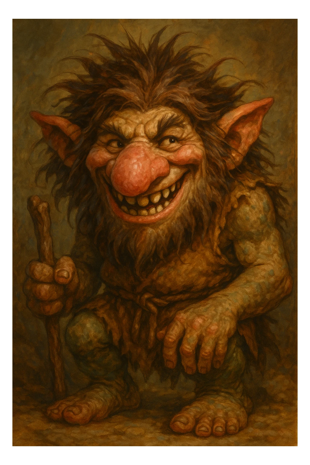 a mischievous troll with a big nose and wild hair, grinning, fantasy style sticker