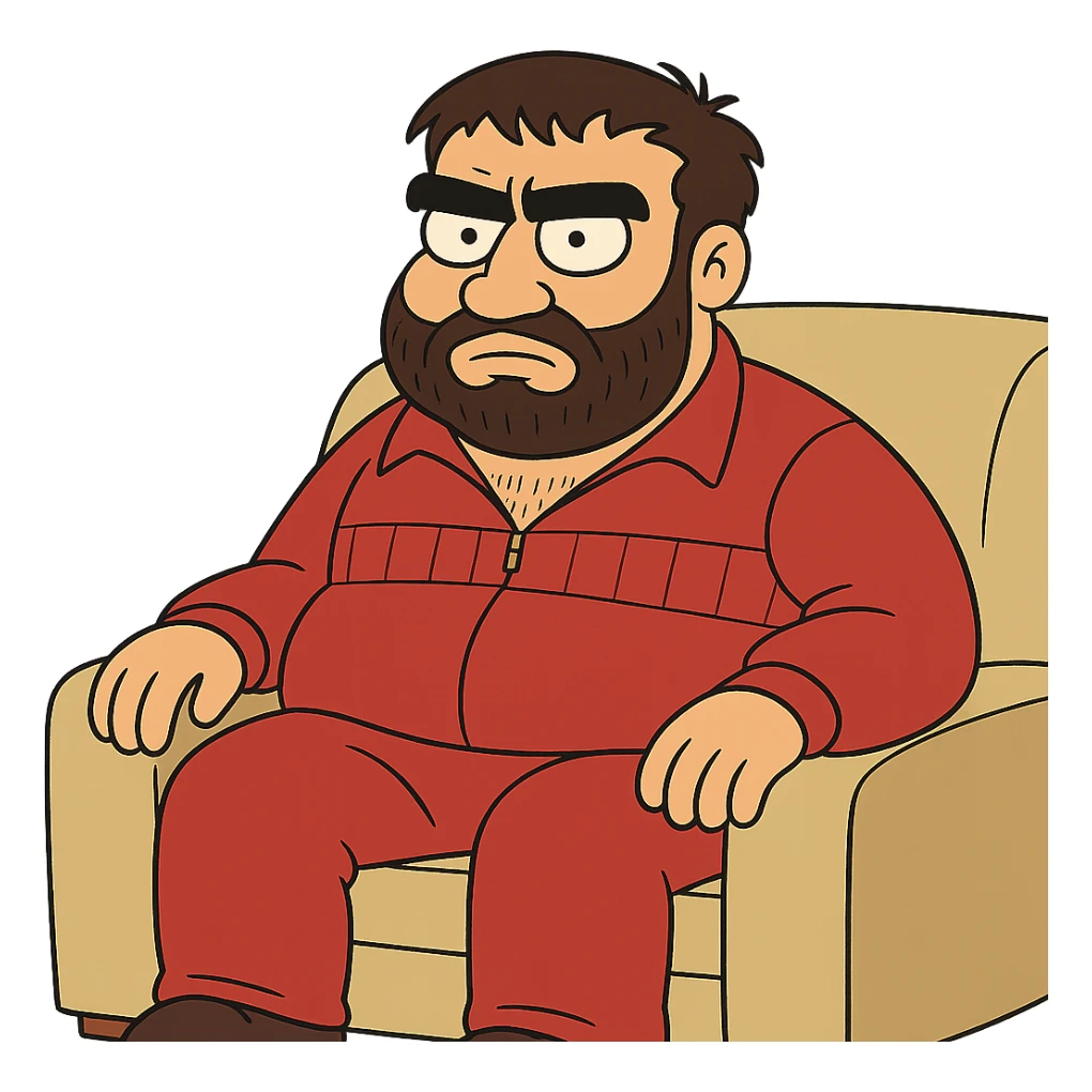 Recep İvedik, iconic Turkish character, bushy eyebrows, mustache, red tracksuit, sitting on a couch, flat toon style sticker