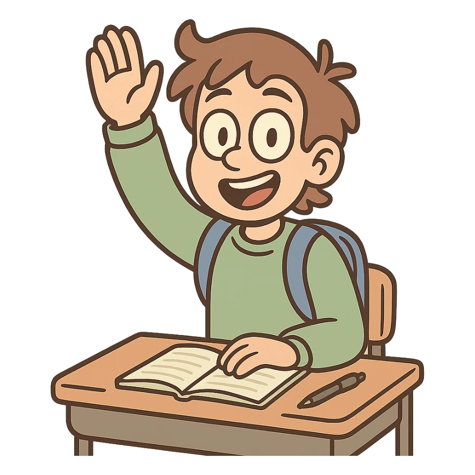 cheerful student character raising their hand in class, showing active participation, friendly and inviting style sticker