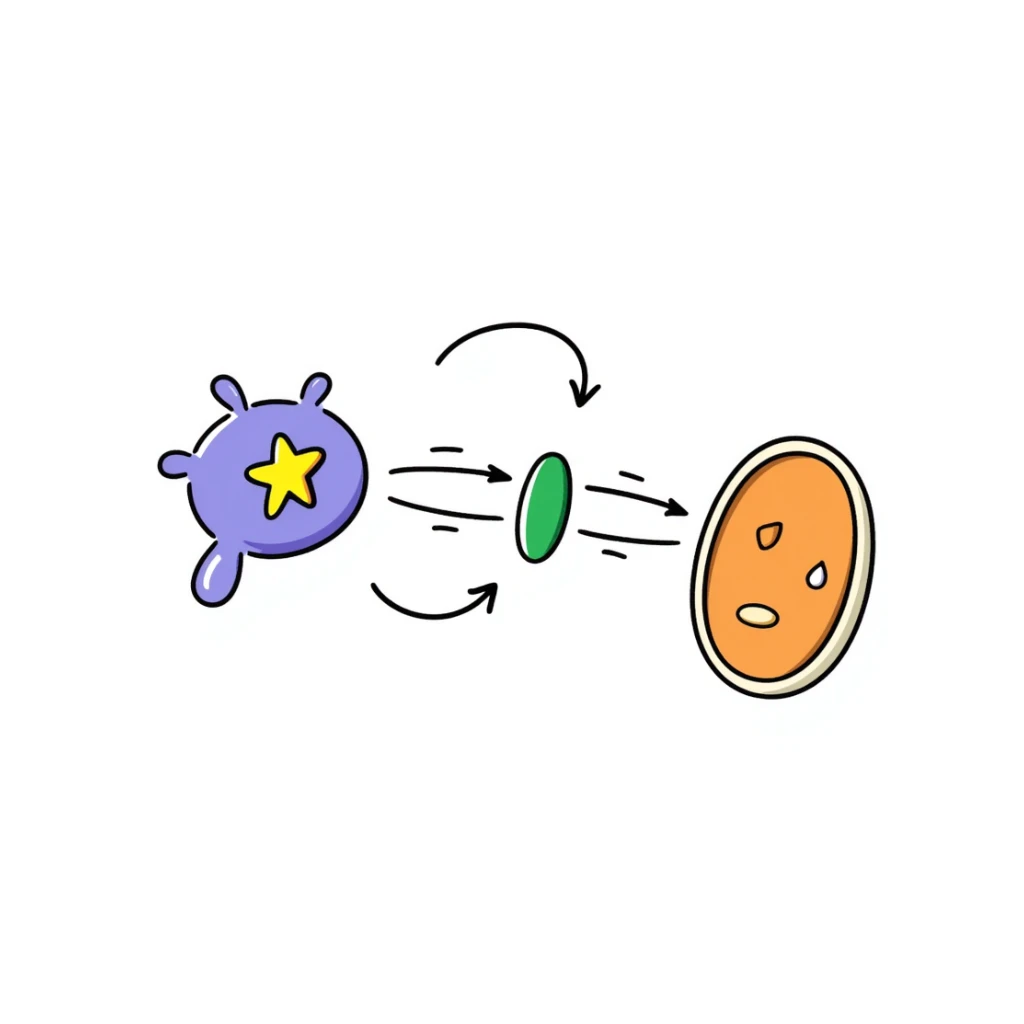 Hormone action diagram: blue starred hormone molecule binding to yellow receptor on purple cell membrane, triggering green signaling cascade inside orange cell. Hand-drawn anatomical illustration with arrows showing signal pathway and resulting cellular changes. sticker
