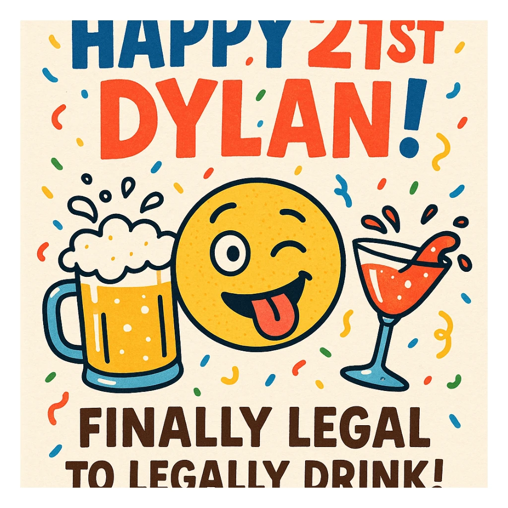Funny 21st birthday card for Dylan featuring a tipsy emoji, overflowing drinks, headline 'Happy 21st Dylan!', confetti, bold playful fonts, and a joke about finally being legal. sticker