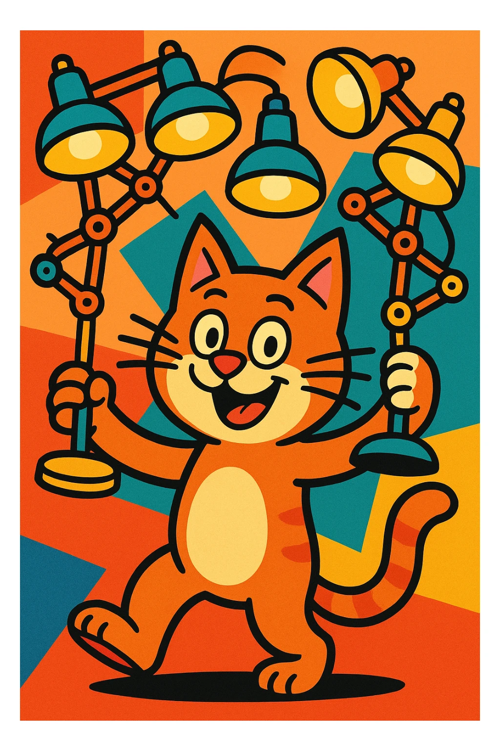 cartoon cat holding three multi-armed lamps, each lamp with three arms, cheerful and detailed sticker