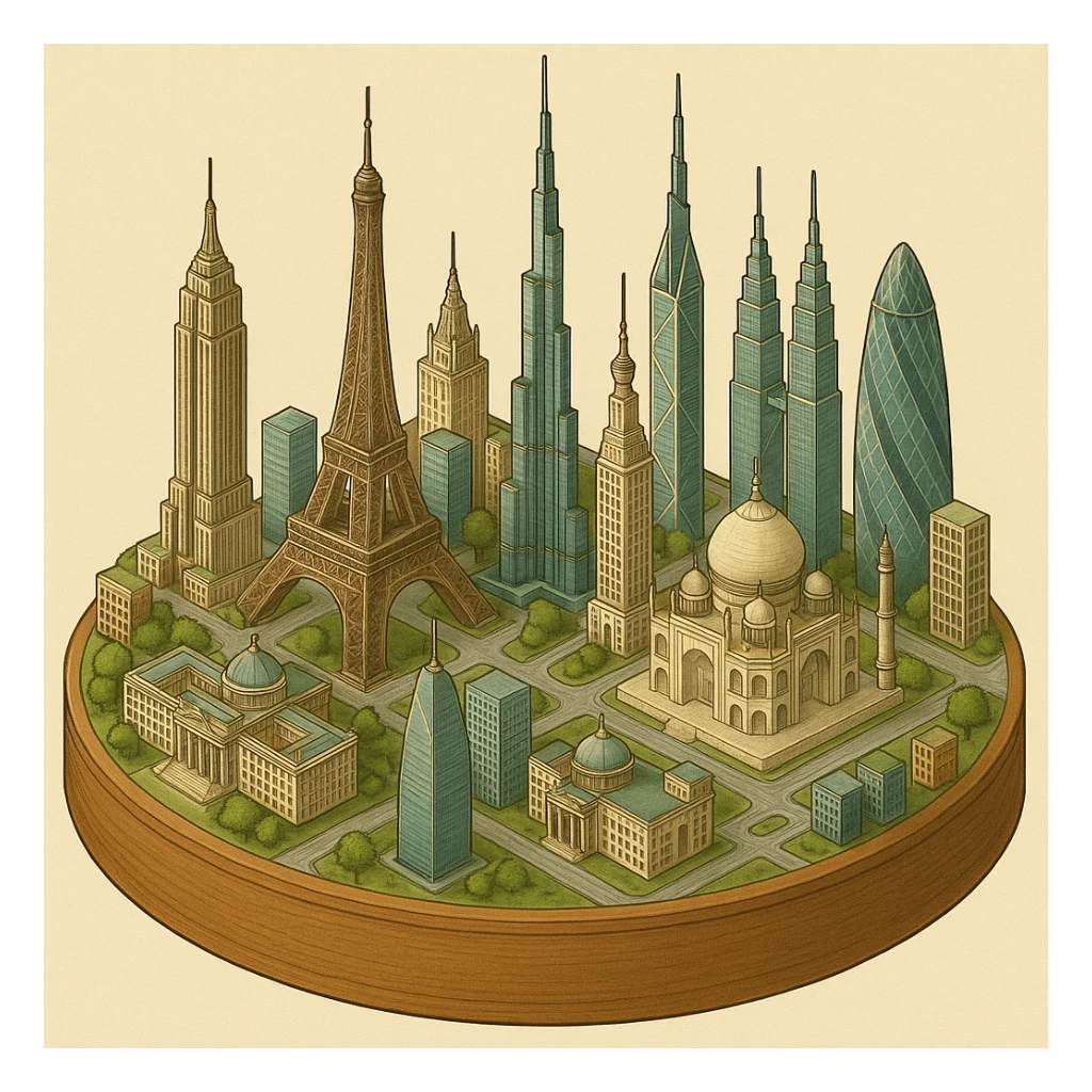 Оставь основу картинки - деревянную подставку, но при этом сгенерируй изометрическую модель города где будет самые узнаваемые здания мира Эмпайр Стейт Билдинг, Эйфелева башня, здание МГУ, Бурдж-Халифа, Башни Петронас, Небоскрёб Фостера в Лондоне, Рейхстаг, Тайбэй sticker