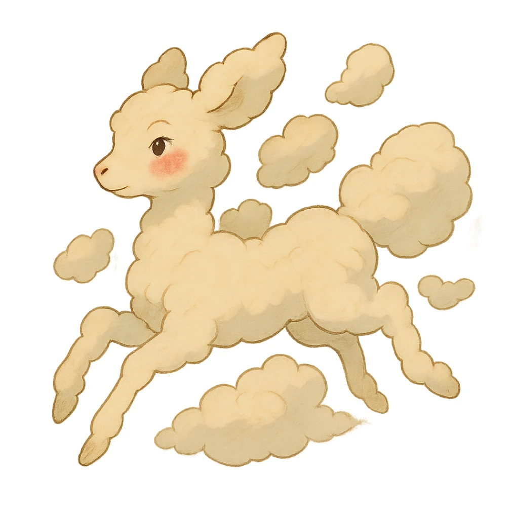 vanilla-colored cloud doe, floating with rosy cheeks and witch-like grace, ghibli style sticker