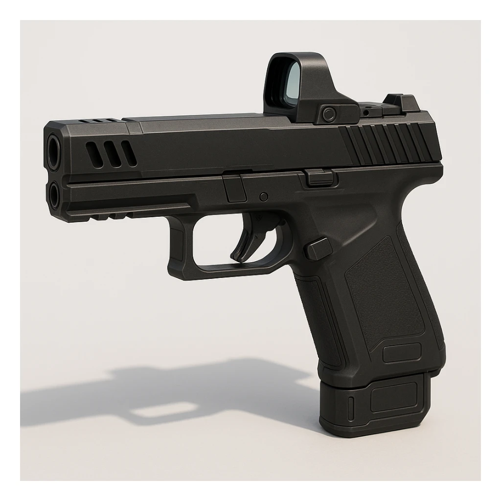 photorealistic 3D render of a compact futuristic handgun, matte-black, angular slide, low-profile reflex sight, polymer frame, extended barrel with compensator, vent ports, minimal controls, magnetic slide lock, futuristic magazine well, smart sensor panels, neutral side view, white or grey background, soft shadow, modern tactical sci-fi style sticker