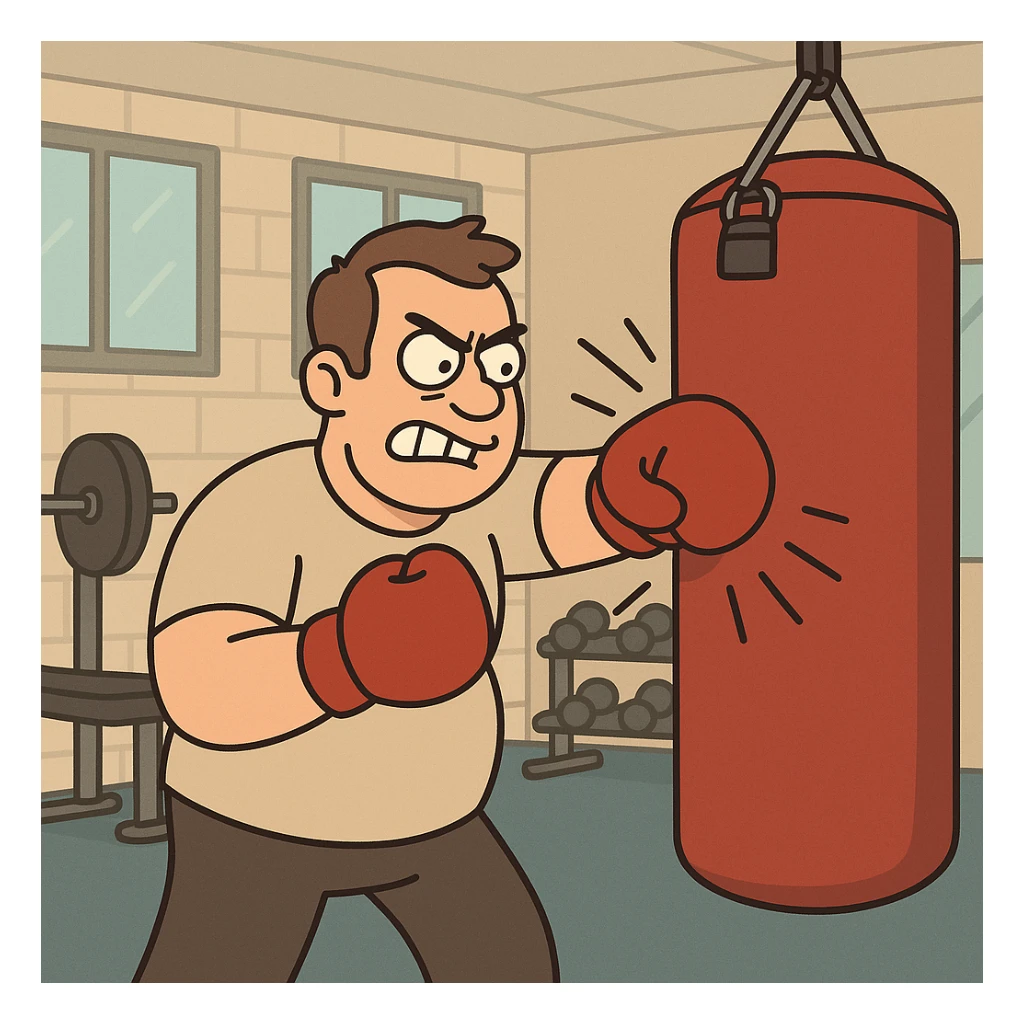 Hit a punching bag – to punch a padded bag for exercise or stress relief.
He went to the gym to hit a punching bag and blow off steam. Background Gym
 sticker
