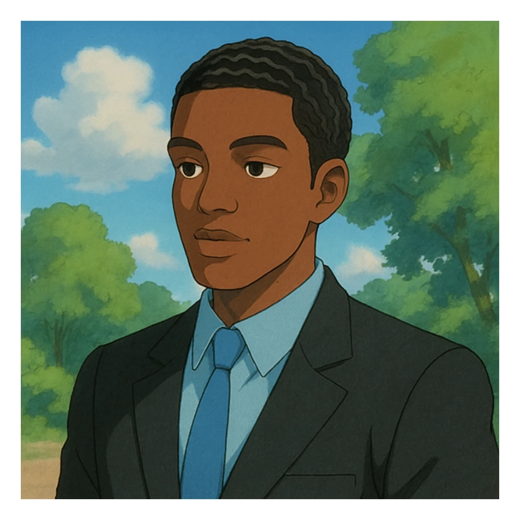 male Afro-American with waves hairstyle, black suit, and light blue shirt, semi-realistic ghibli-inspired style sticker