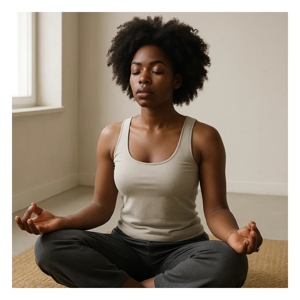 realistic style portrait of a black woman meditating, in a minimalist interior with natural light sticker