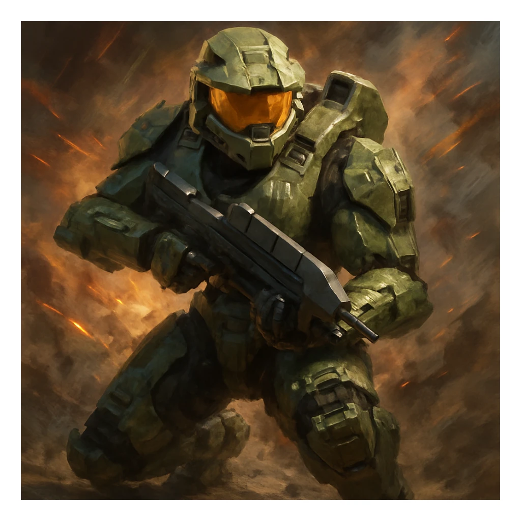 Master Chief, Halo, crouched with assault rifle, green armor, reflective gold visor, action pose sticker