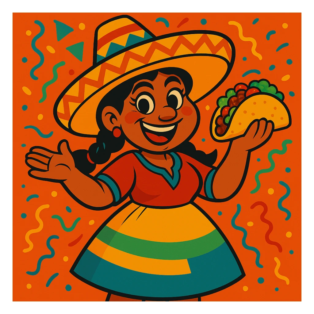 Make the Mexican woman appear more ugly by exaggerating unattractive features, while keeping the sombrero and taco, in vibrant toon style. sticker