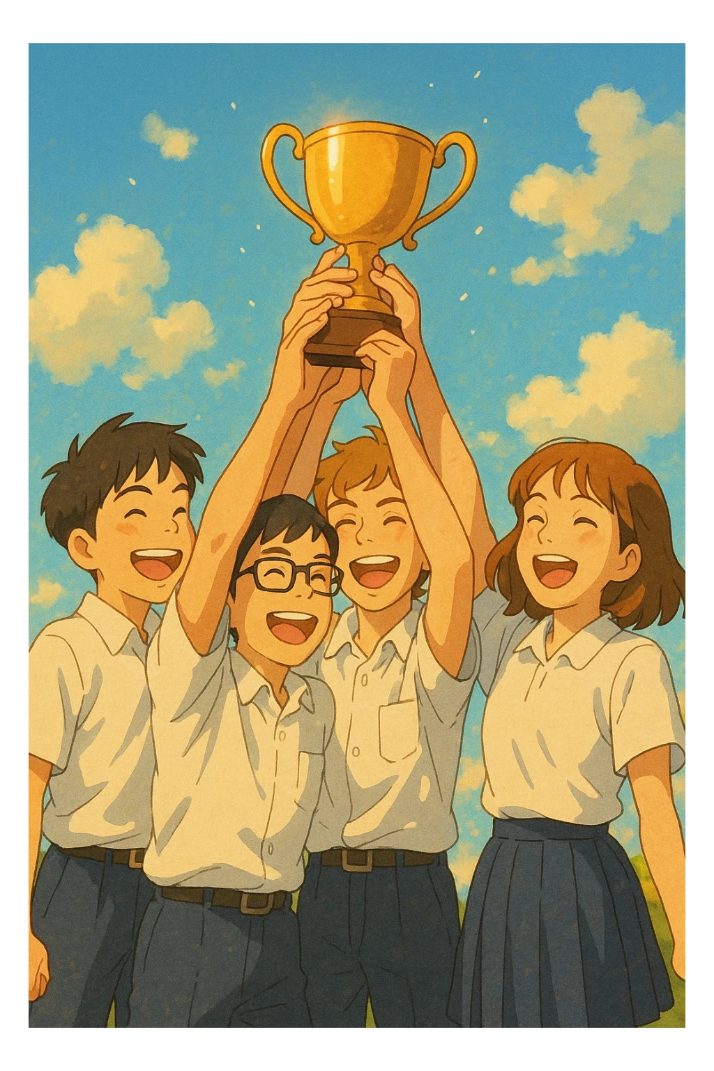 quatre étudiants inspirés des photos de référence, ambiance chaleureuse, tous ensemble soulèvent un trophée, fond lumineux et joyeux sticker